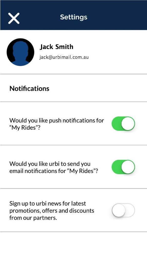 The urbi app main menu Settings On the settings page you can see more information about your account.