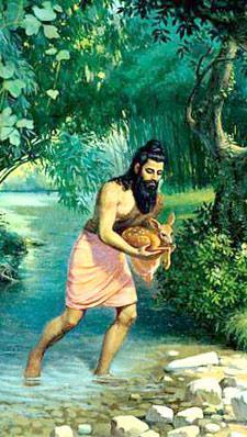 the river and started sinking. Jadabharat was overcome with pity and he rescued the baby deer and brought him to his hermitage and started tending to it.