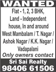 July 13-19, 2013 MAMBALAM TIMES Page 7 SPECIAL CLASSIFIED ADVERTISEMENTS Classified Advertisements under the heads Accommodation Required, Old Age Home, Marriage Hall, Mini Hall, Real Estate (Buying
