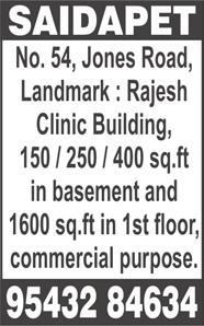 70 lakhs, no brokers. Ph: 99623 78963, 90030 92125. WEST SAIDAPET, Jones Road, near Jaya Raj Theatre, independent house, 2400 sq.ft, ground + 2, expected rental income Rs. 40,000, price Rs. 1.
