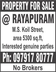 REAL ESTATE (SELLING) WEST MAMBALAM, Raju Street, 2 bedrooms, hall, kitchen, 585 sq.ft, 1 st floor flat, 9 years old, price Rs. 36 lakhs, no brokers, inspection on Sunday, July 7 from 10 a.