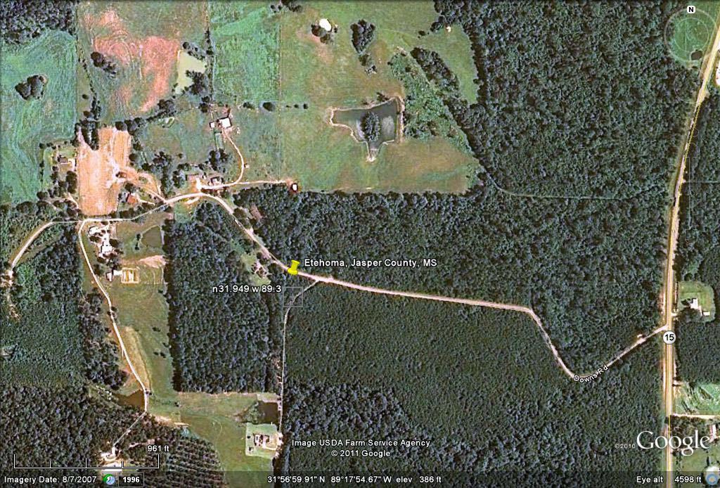 Google Maps to view). The site is located about 2 miles south of Bay Springs, Jasper County, MS and about 0.5 miles west of MS 15 at the end of Downs Rd and 1.25 miles east of the Smith County line.