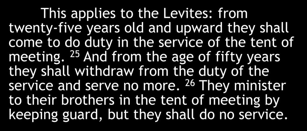 This applies to the Levites: from twenty-five years old and upward they shall come to do duty in the service of the tent of meeting.