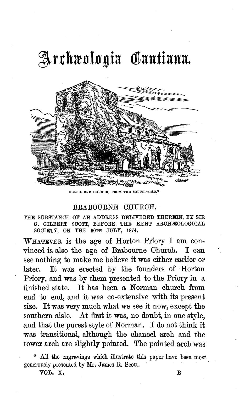 Archaeologia Cantiana Vol. 10 1876 BBABOUKSTE OHDBOH, BBOM IHE SOUTH-WEST.* BRABOURNE CHURCH. THE SUBSTANCE OF AN ADDRESS DELIVERED THEREIN, BY SIR a.
