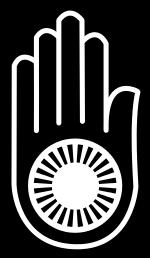 Jainis The hand mwith a wheel on the palm symbolizes Ahimsa in Jainism. The word in the middle is "Ahimsa" meaning noninjury and the Jain Vow of Ahimsa, meaning non-violence.