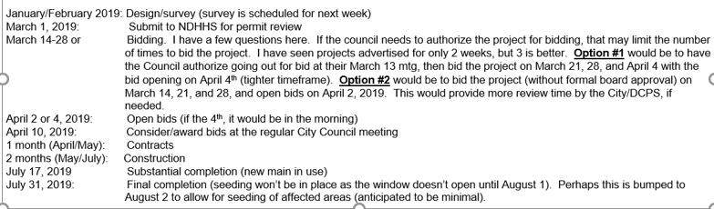 but requested what options are available and the possibility of relocating and replacing the water main that runs north/south on 8 th Street between D and E Streets.