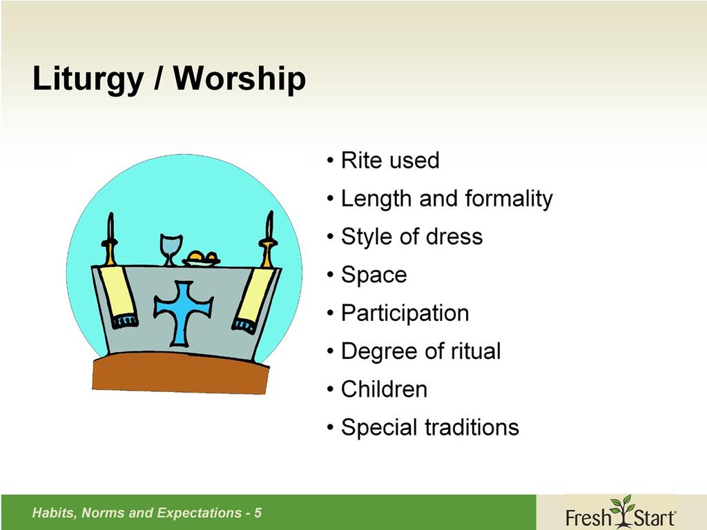 Liturgical habits involve things like what rite is used, how formal or informal the service is, etc. What happens during worship? Are congregants casually or more formally dressed?