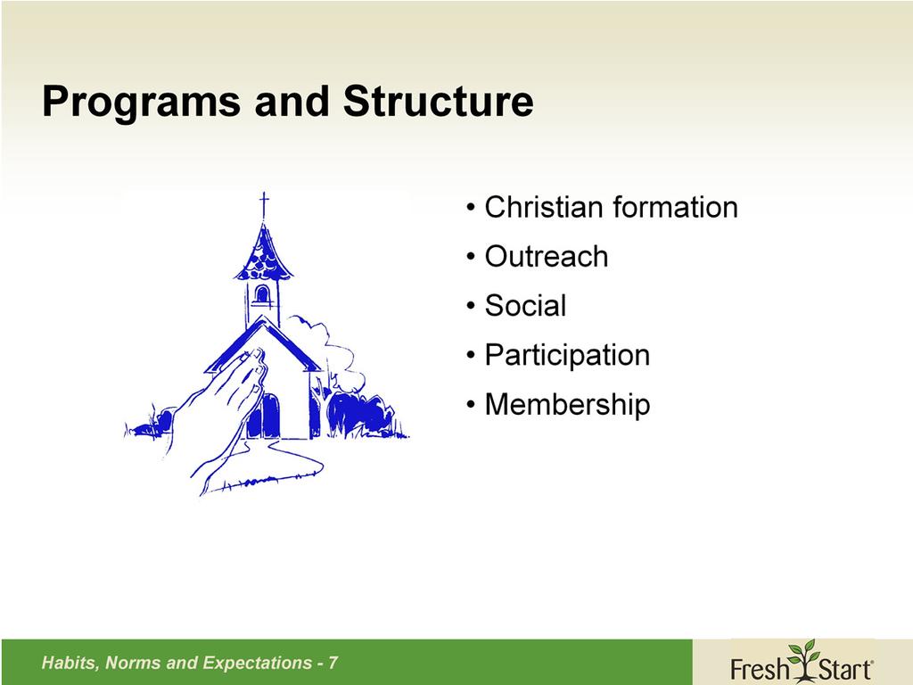 Looking at the types of programs, how committees are structured, and who participates in both governance and the program activities will tell you more about a congregation s habits and norms.