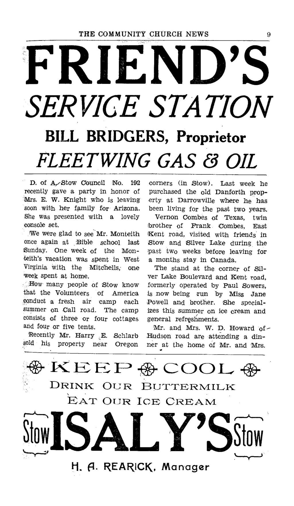 10 THE COMMUNITY CHURCH NEWS; FRIEND'S SERVICE STATION BILL BRIDGERS, Proprietor FLEETWING GAS & OIL D. of A,/Stow Council (No. 192 corners (in Stow).