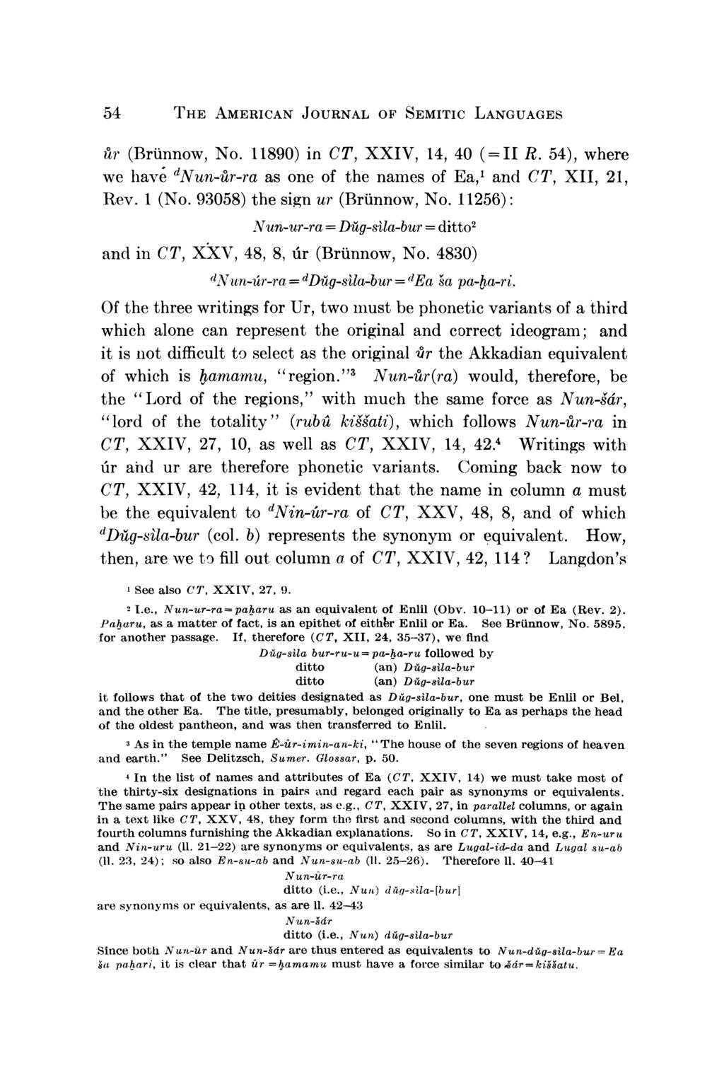 54 THE AMERICAN JOURNAL OF SEMITIC LANGUAGES Ar (Brtinnow, No. 11890) in CT, XXIV, 14, 40 (=11 R. 54), where we have dnun-uir-ra as one of the names of Ea,1 and CT, XII, 21, Rev. 1 (No.