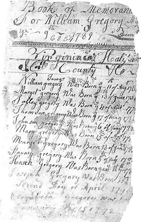 [p 12] Book of Memorand[a] For William Gregory 1789 Virginia Halifax County &c William gregory was Born ye 11 th of Augt. 175... Marget gregory was Born ye 13 th of june 175.