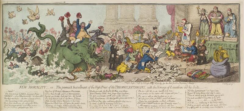 SATIRE OF RADICAL ENGLISH WRITERS OF THE 1790s WORSHIPPING AT THE SHRINE OF JUSTICE, PHILANTHROPY and SENSIBILITY 'New morality; - or - the promis'd