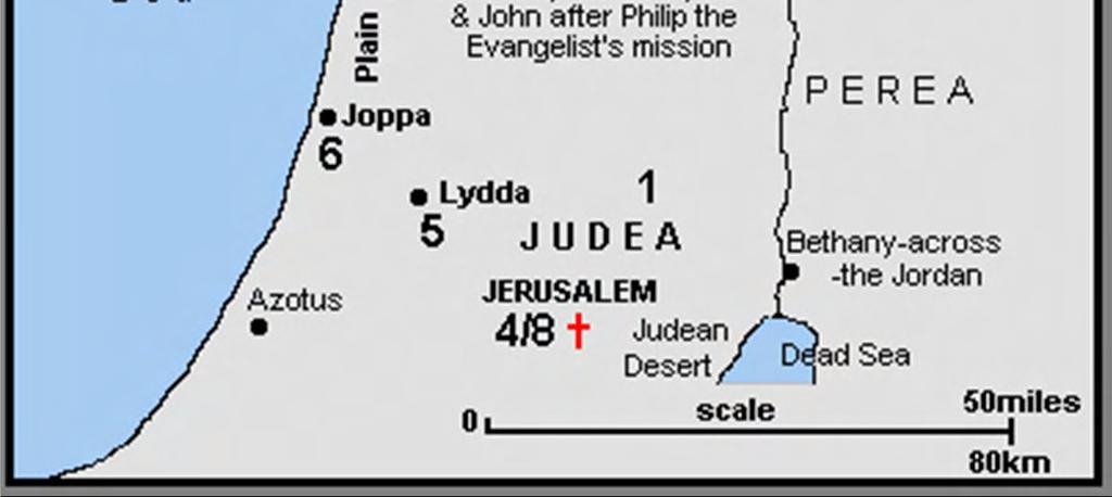 Peter returns to Jerusalem, 8:25 5. Peter heals Aeneas at Lydda, 9:32 6.