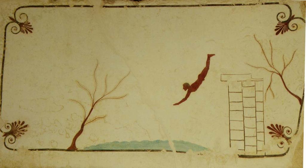 Ceiling of Tomb of the Diver, Paestum (ca. 480-470 BC) Diving as a passage to the afterlife. The shore beyond, a save haven with the olive tree of peace.