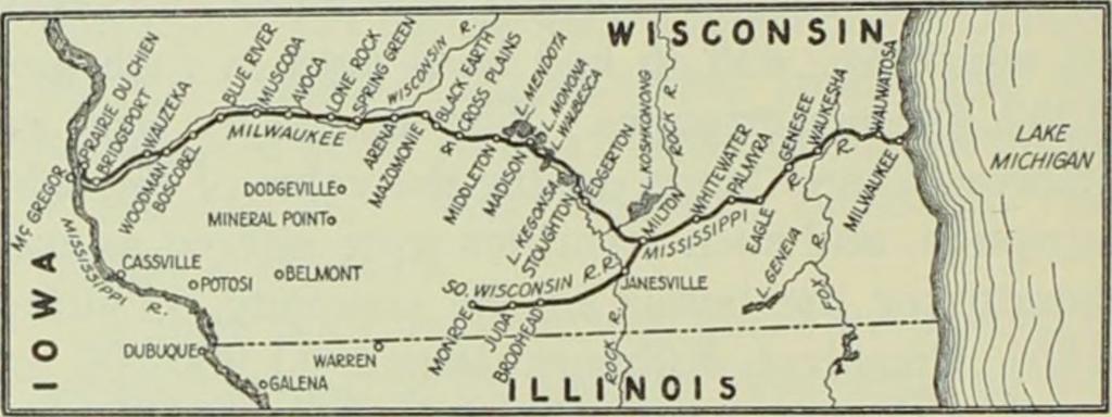 In addition to a considerable freight business in 1852, three con- THE ROUTE OF THE MILWAUKEE AND MISSISSIPPI struction trains were continually employed transporting iron, ties and gravel, without a