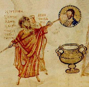 Khludov Psalter (detail), 9th century. The image represents the Iconoclast theologian, John the Grammarian, and an iconoclast bishop destroying an image of Christ.