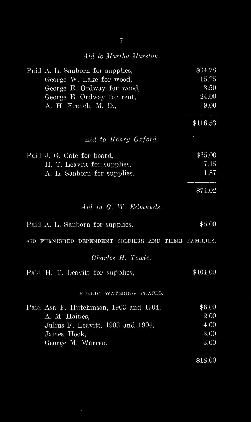 02 Aid to G. W. Edmunds. Paid A. L. Sanborn for supplies, $5.00 AID FURNISHED DEPENDENT SOLDIERS AND THEIR FAMILIES. Charles H. Toivle. Paid H. T. Leavitt for supplies, $104.
