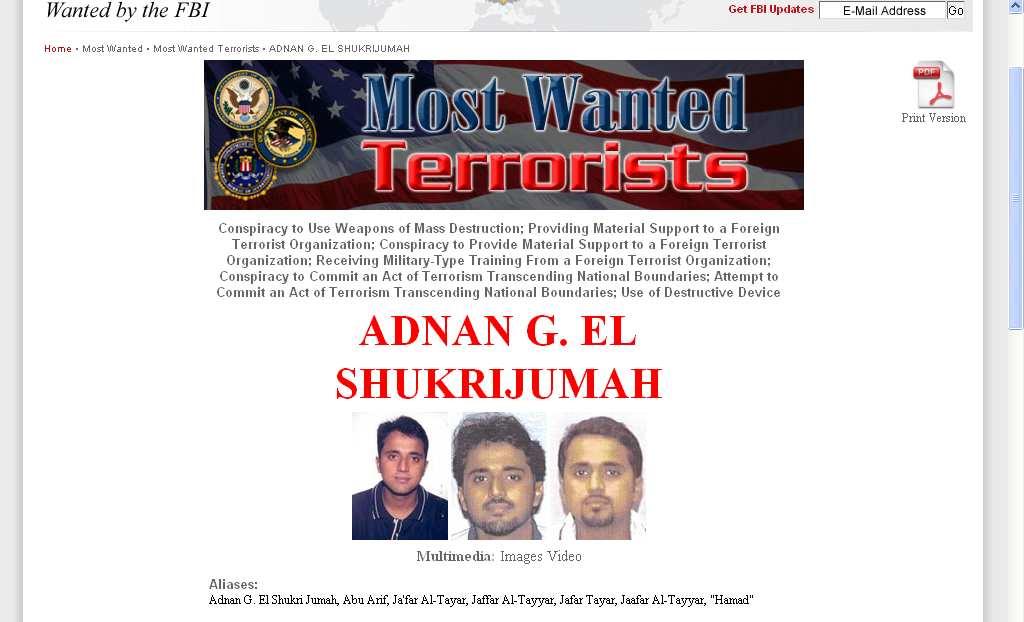 Shukri Jumah's photograph on the FBI website In an article published in Sada Al-Malahem magazine 6, he wrote under the title The Goals of the Attrition Explosives Attacks that In our discussions