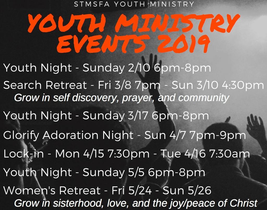 I: March 17th, 24th* & 31st** Grade 9: 7:00PM ~ 8:15PM ~ St. Veronica *March 24th ~ Life Nite/Msgr. Clarke **March 31st ~ Service hours are due. Conf.