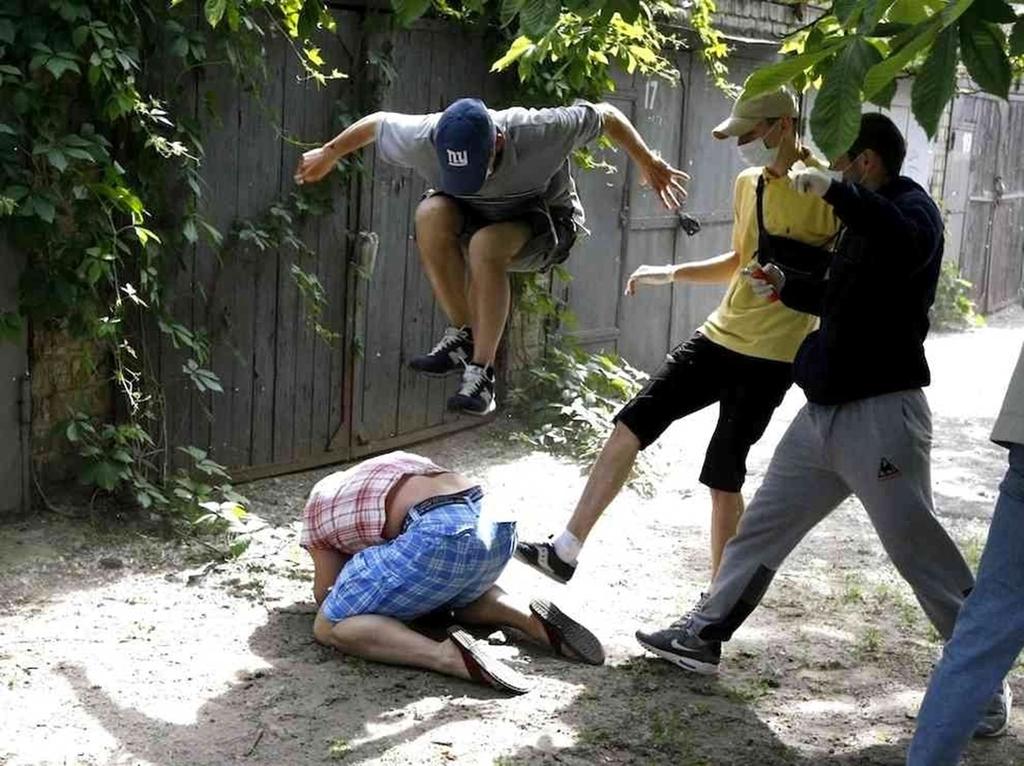 This is the Gay Forum of Ukraine Leader Svyatoslav Sereme getting beaten after an announcement that a scheduled gay pride parade had been called off.