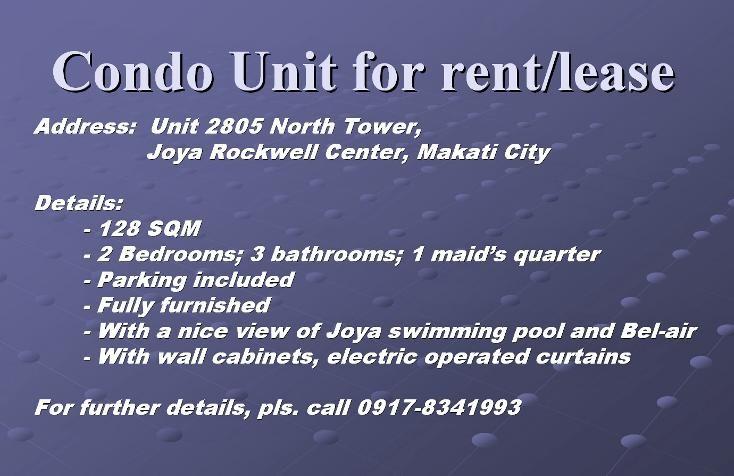 PAGE 7 Sale or Lease of Makati Apartment Owned by Asher Goffer 2 BR Apt. about 65 SQM, fully furnished, with a parking lot, at the newly opened GSM Condominium along H. V.