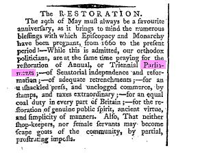 Parliaments, C of E, Monarchy The Restoration, TheTimes, 132 (30 May 1785), p.