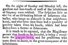 Puppets, Prostitutes, and Alehouses: a low(est) class Britain? The Times, 1043 (10 April 1788), p. 3 the gardens and hen-roosts of most of the inhabitants of Stepney were robbed.