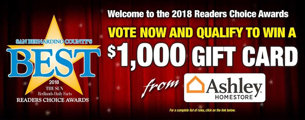 com/readerschoice and qualify to win a $1,000 gift card from Ashley Homestore.