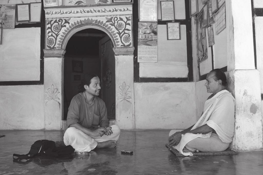 Photo 3. Interview with a devotee at Natun Kamalabari Sattra, Majuli. Photo by Debananda Borah.