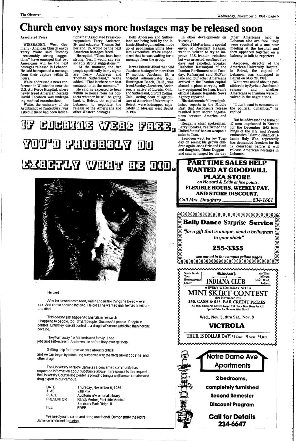 -- - -~- ~--------------- The Observer Wednesday, November 5, 1986- page 5 Church envoy says m.