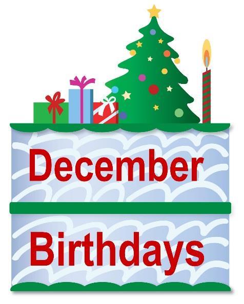 Our December Birthdays 1... Karen Conde 1... Geraldine Pooler 4... Lee Grimes 4... Don McCravy 6... Deb Haley 9... Donna Caffee 10... Mike Shelton 12... William Freridge 14... Jaylyn Minton 16.