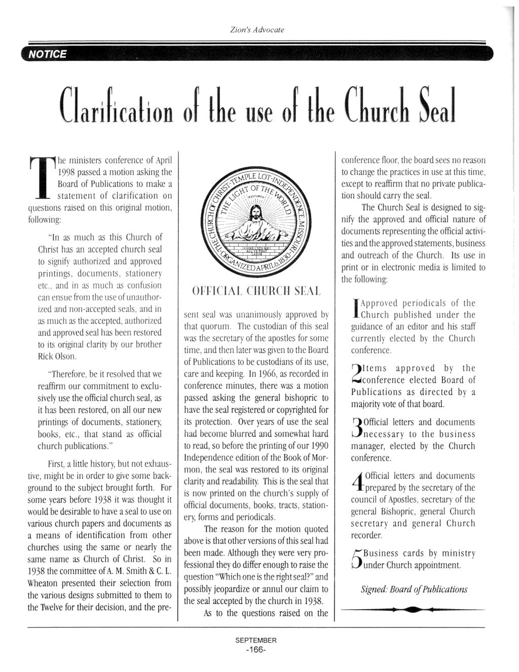 Clarif 1cali n f lhe use of lhe Church Seal same name as 1938 the committee of A. M.