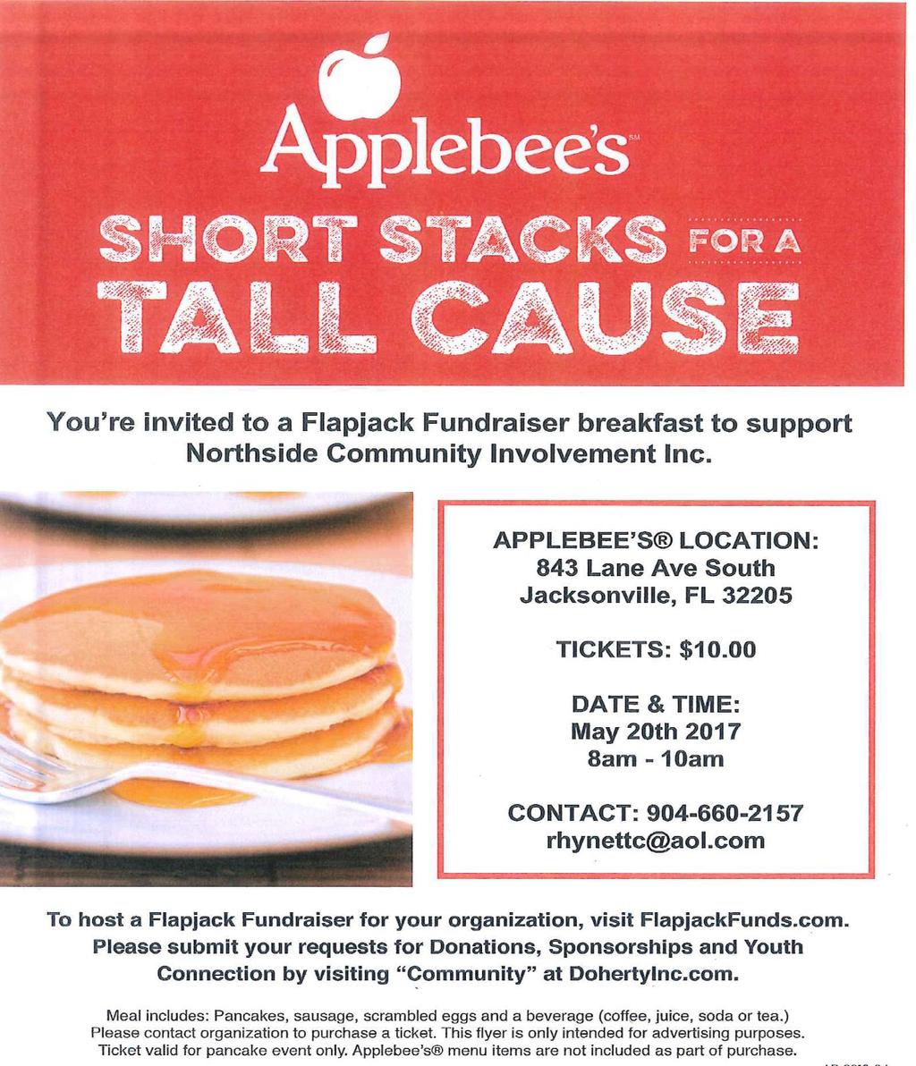 Northside Community Involvement, Inc. is hosting a fundraiser May 20 th at Applebee s.