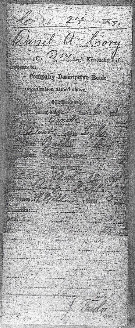 The above information came from John s compiled service records and his federal pension. I wasn t able to find out the parents or birth place of either John Cory who lived in Bath County.