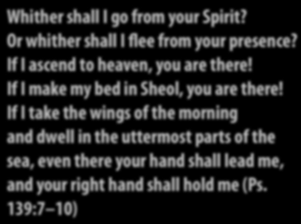 Whither shall I go from your Spirit? Or whither shall I flee from your presence? If I ascend to heaven, you are there! If I make my bed in Sheol, you are there!