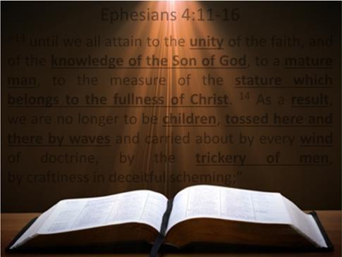 Ephesians 4:11 16 13 until we all attain to the unity of the faith, and of the knowledge of the Son of God, toamature man, to the measure of the stature which belongs to the fullness of Christ.