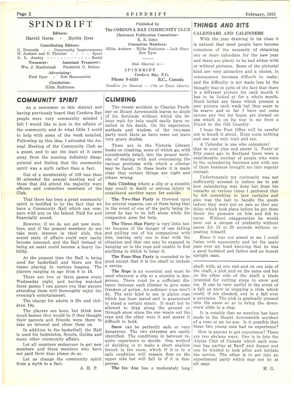 Page 2 S PN D R FT February 955 SPNDRFT Edtors: Harold Gorse Myrtle Dyer Contrbutng Edtors: C Howorth - Communty mprovements N Andrew and D Fletcher - - - - Sport A L Anstey - - - - - - - - - - - - -