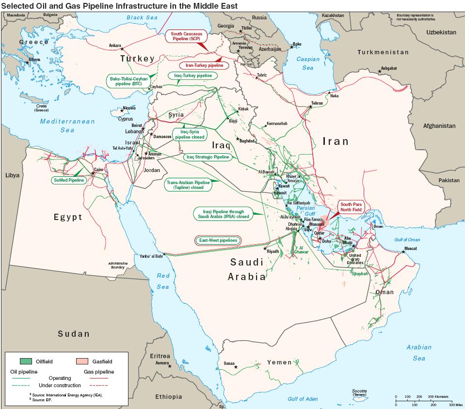 Figure 1: Oil pipelines are in green on the map above The Iranian navy and ballistic missile array could potentially close the Straits of Hormuz to Saudi traffic.