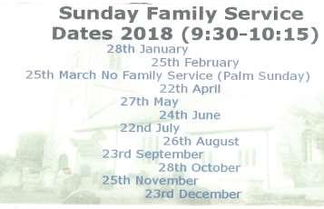 4th Sunday in every month: Family Service. An all-age service of readings, songs and activities with everybody young and old in church together.