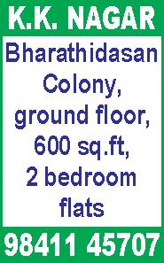 ASHOK NAGAR, Raghava Reddy Colony, near Ganesh Temple, KFC & McDonald s, 45x110 land (2 grounds). Ph: 94453 91268. ASHOK NAGAR, 10 th Avenue, near West Mambalam, 2 bedrooms, 740 sq.ft, UDS 600 sq.