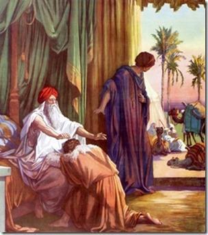 Isaac Blesses Jacob Rebecca watches for Esau In Chapter 28, verse 3, Isaac invokes the blessing of "God Almighty" on Jacob and reconfirms the promises of the Abrahamic covenant on him and his