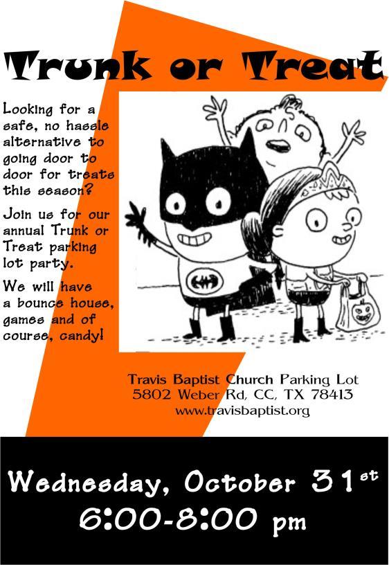 What is Trunk or Treat? This is a fantastic and fun opportunity to get to know our neighbors and have them come to the church grounds in a non-intimidating way.