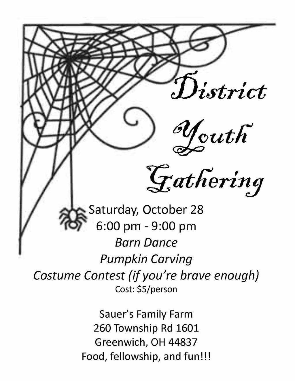 District Youth Council September 17 2-4pm Business Meeting Norwalk First UMC 60 W Main Street, Norwalk October 28 6-9pm District Youth Gathering Sauer s Family Farm 260 Twp Rd 1601, Greenwich