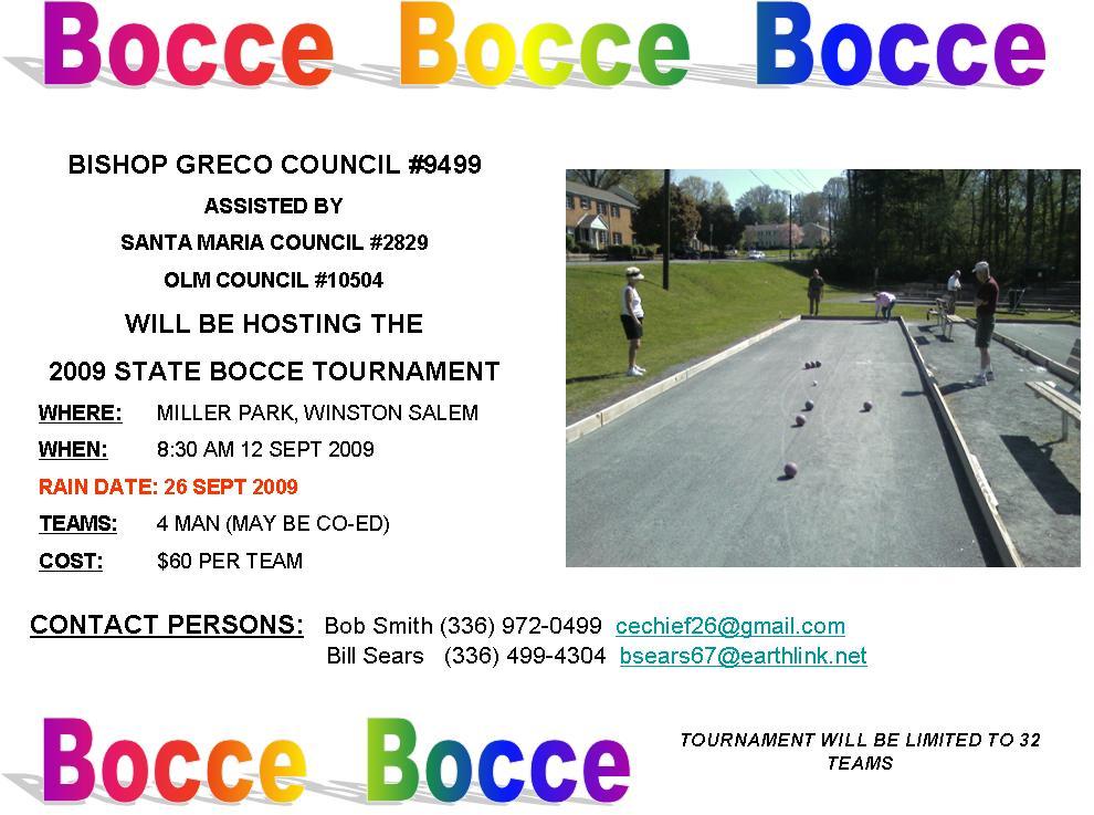 K of C STATE BOCCE TOURNAMENT REGISTRATION COUNCIL NUMBER- COUNCIL NAME COUNCIL LOCATION TEAM NAME COST: $ 15 PER MEMBER / $60 PER TEAM ALL FEES