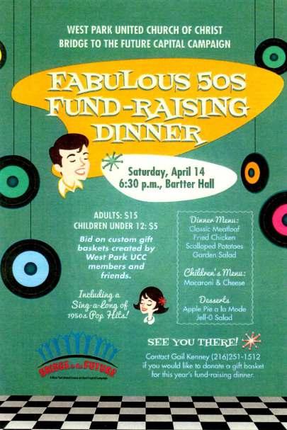 Enjoy a delicious menu of 1950s comfort food including classic meatloaf, fried chicken, scalloped potatoes, Jell-o salad, and apple pie a la mode.