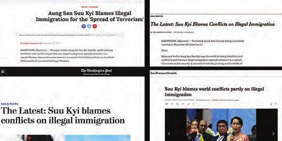 In a direct quote in the fourth paragraph, the wire story with the title Suu Kyi blames conflicts on illegal immigration misquoted the State Counsellor as citing Illegal immigration s spread of