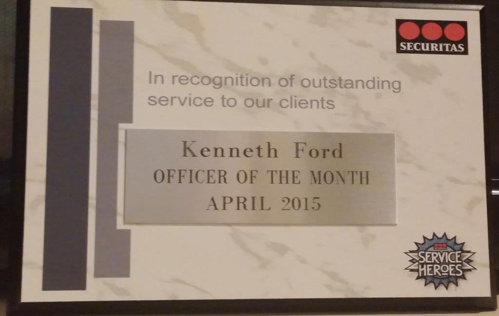 V O L U M E 1, I S S U E 2 Accomplishments cont. P A G E 5 Kenneth Ford was recognized as Officer of the Month for April 2015.
