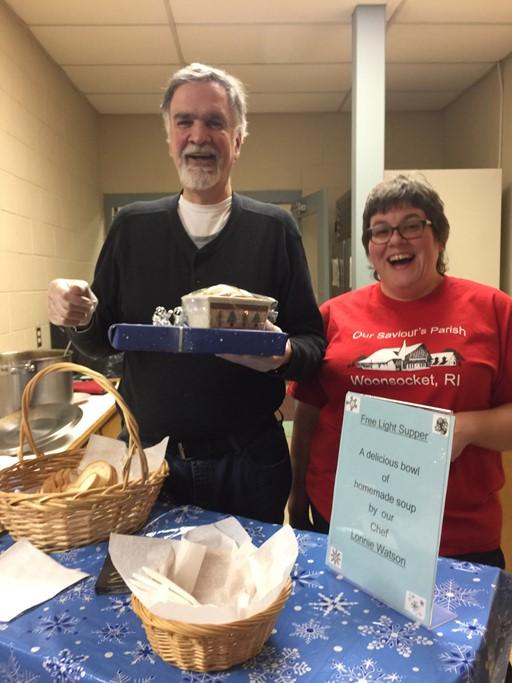Gerry Ethier Parish Chairman selling raffle tickets Everyone involved truly works hard at their assignments, kitchen crew, dessert and beverage table, ticket sales meat raffle