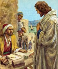 Mathew o Jesus came upon Mathew said, Follow me, and Mathew, a tax collector who had a very comfortable life, got up, left all of his material wealth behind to be