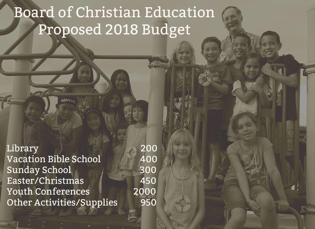 Page 3 On September 17th during worship, the Board of Christian Education presented its proposed budget for 2018.